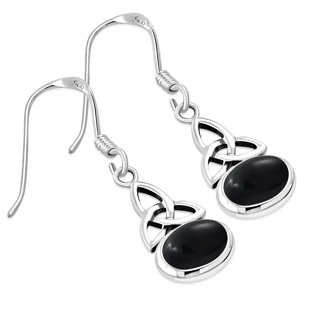 Black Onyx Stone Celtic Trinity Knot Silver Earrings