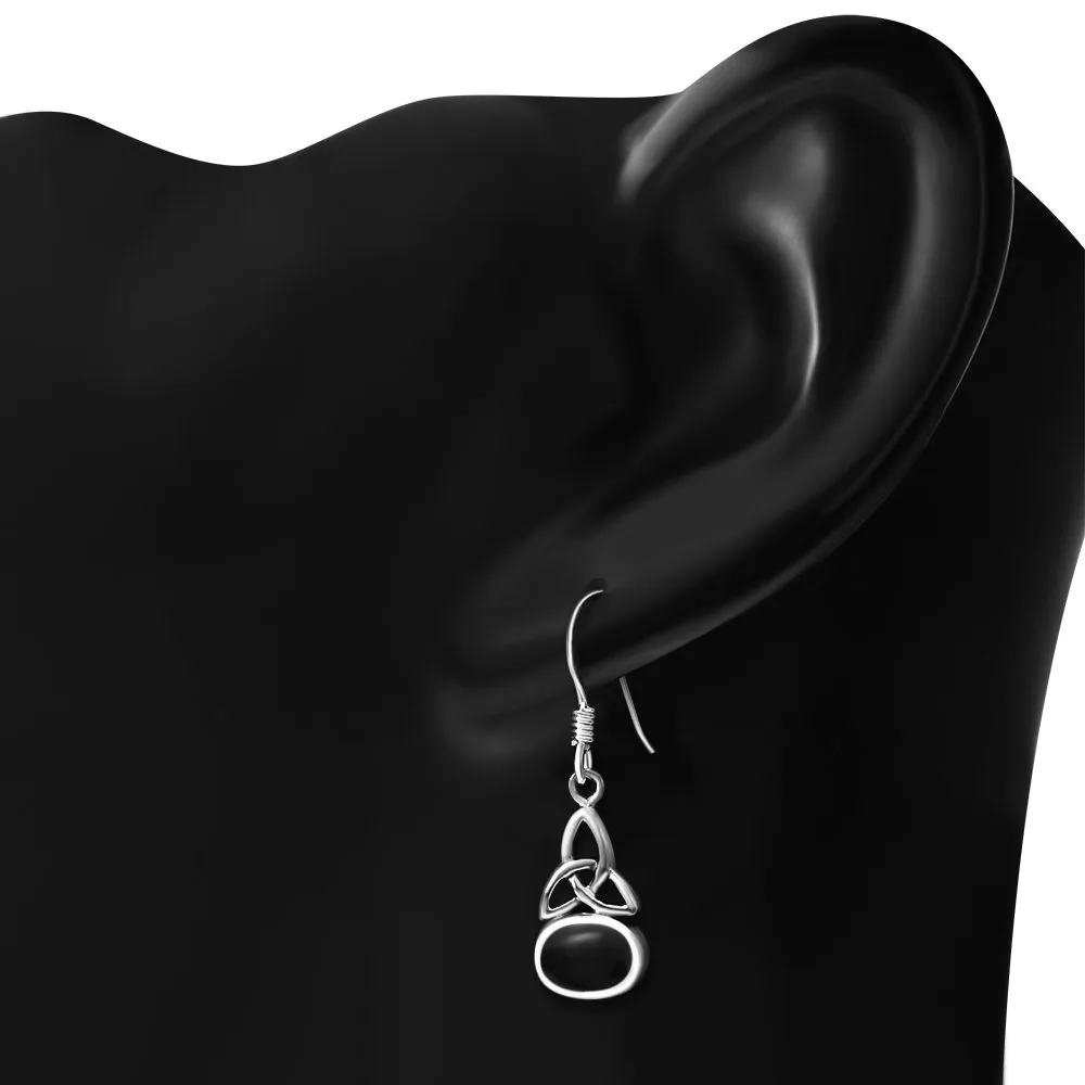 Black Onyx Stone Celtic Trinity Knot Silver Earrings