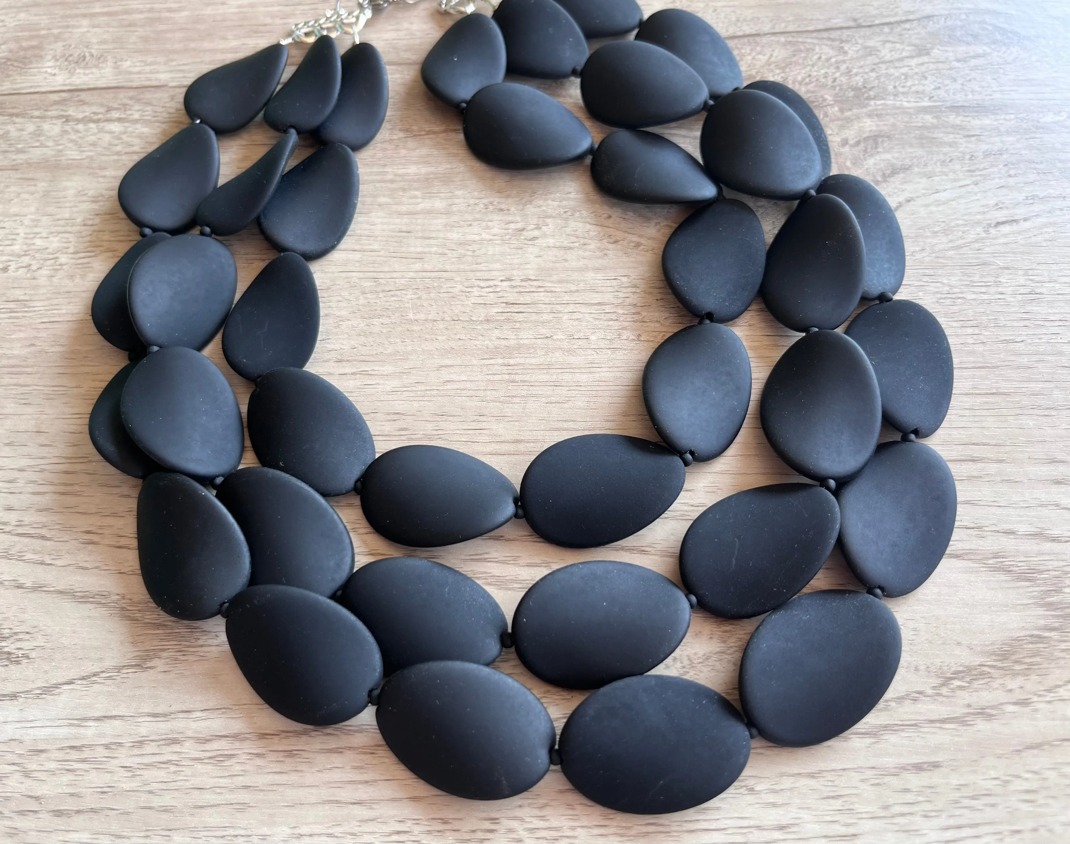 Black Rubber Matte Beaded Chunky Multi Strand Statement Necklace - Morgan