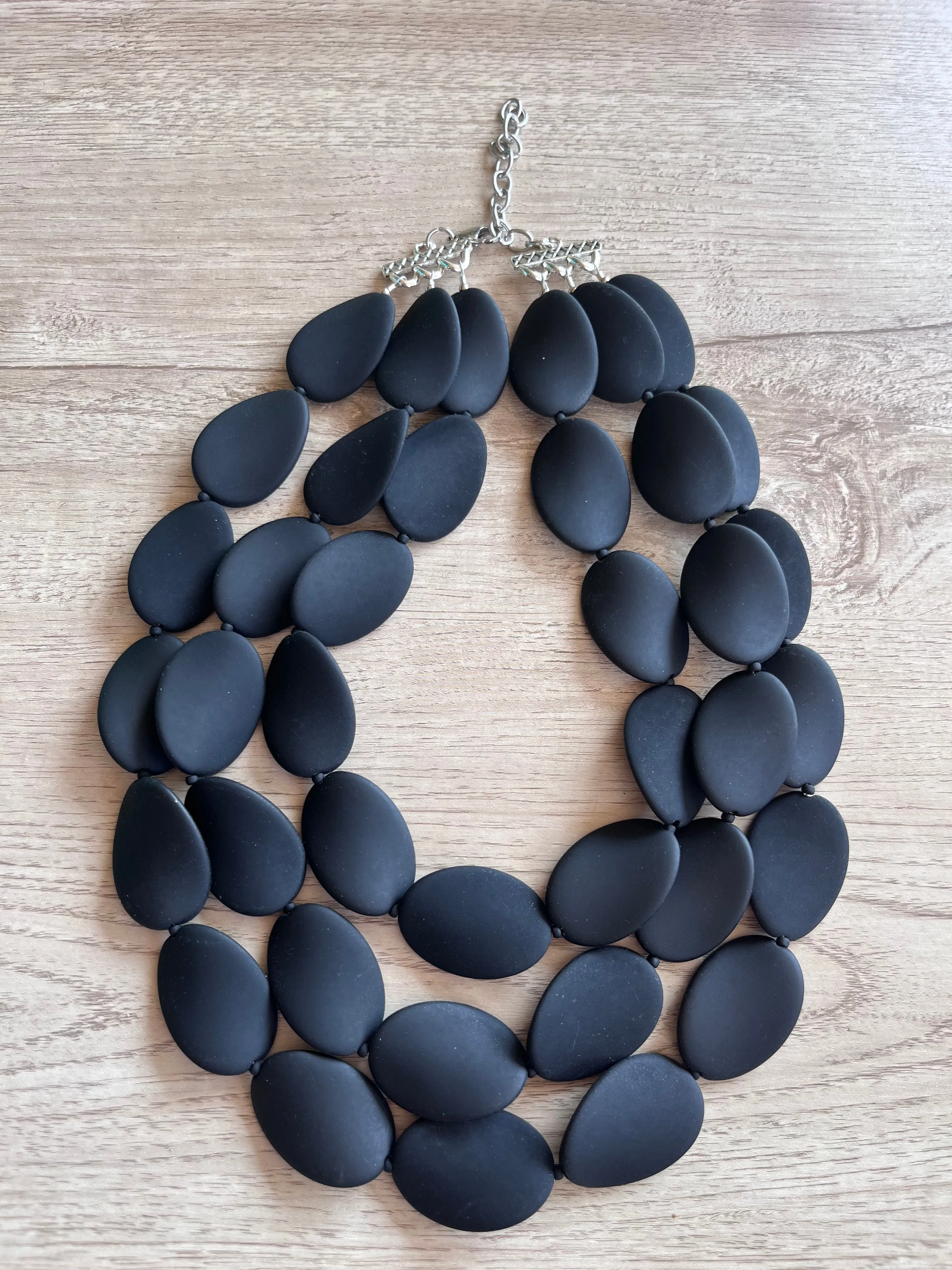 Black Rubber Matte Beaded Chunky Multi Strand Statement Necklace - Morgan