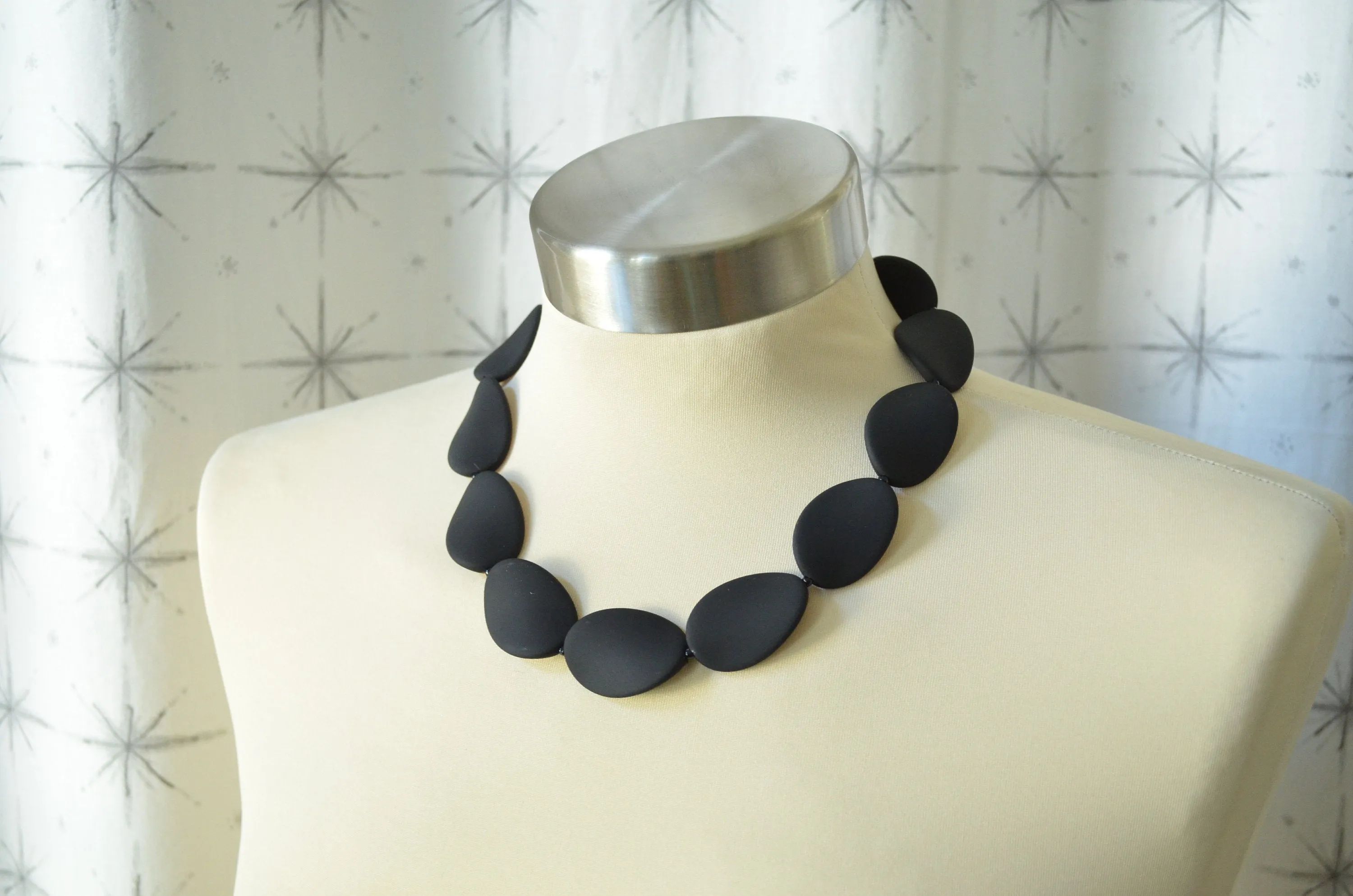 Black Rubber Matte Beaded Chunky Multi Strand Statement Necklace - Morgan