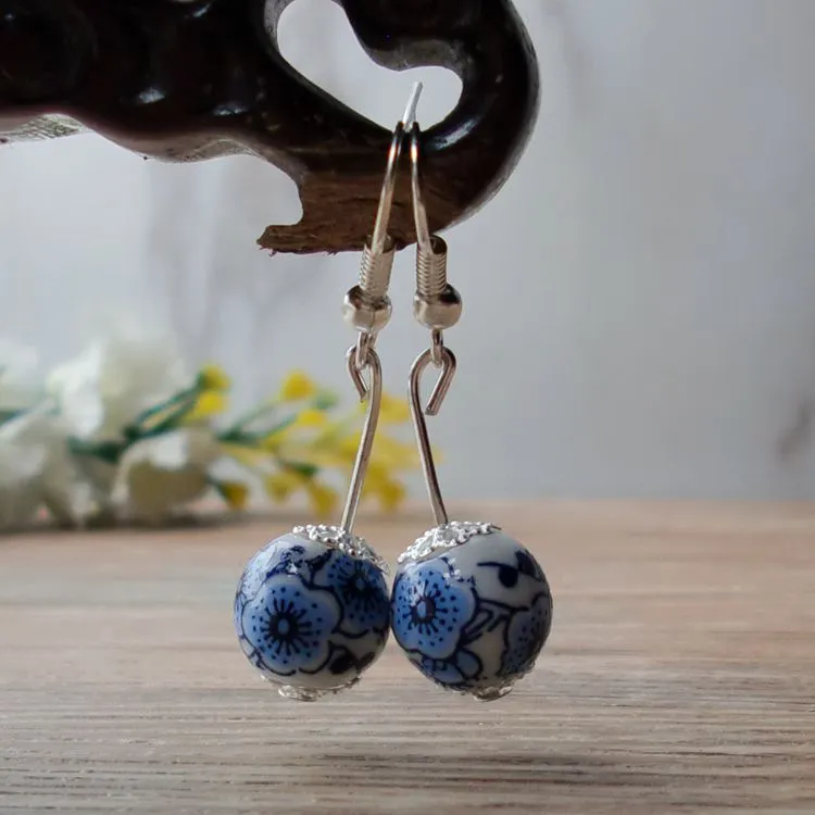 Blue and white porcelain new earrings sweet and simple temperament earrings long accessories ceramic small jewelry