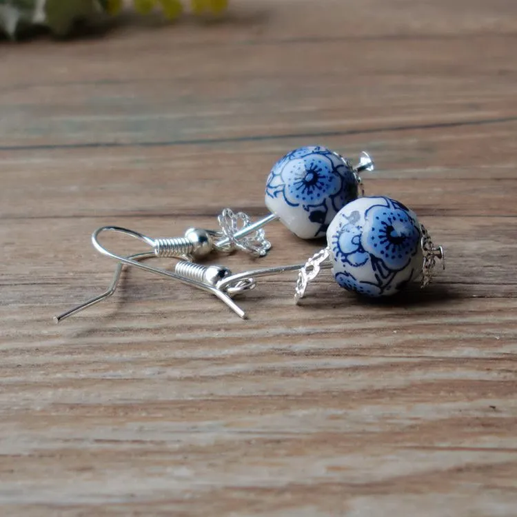 Blue and white porcelain new earrings sweet and simple temperament earrings long accessories ceramic small jewelry