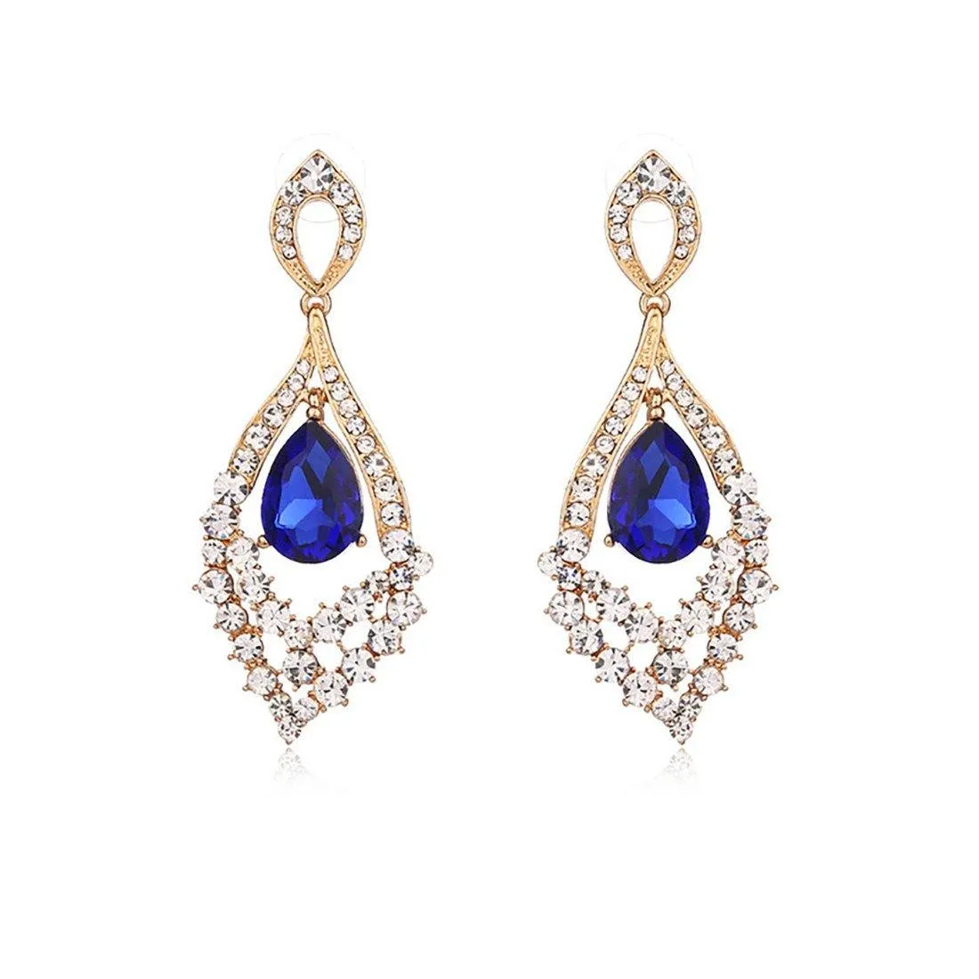 Blue Zircon Trendy Tear drop Crystal 18k Gold plate Cocktail Wedding Party Earring