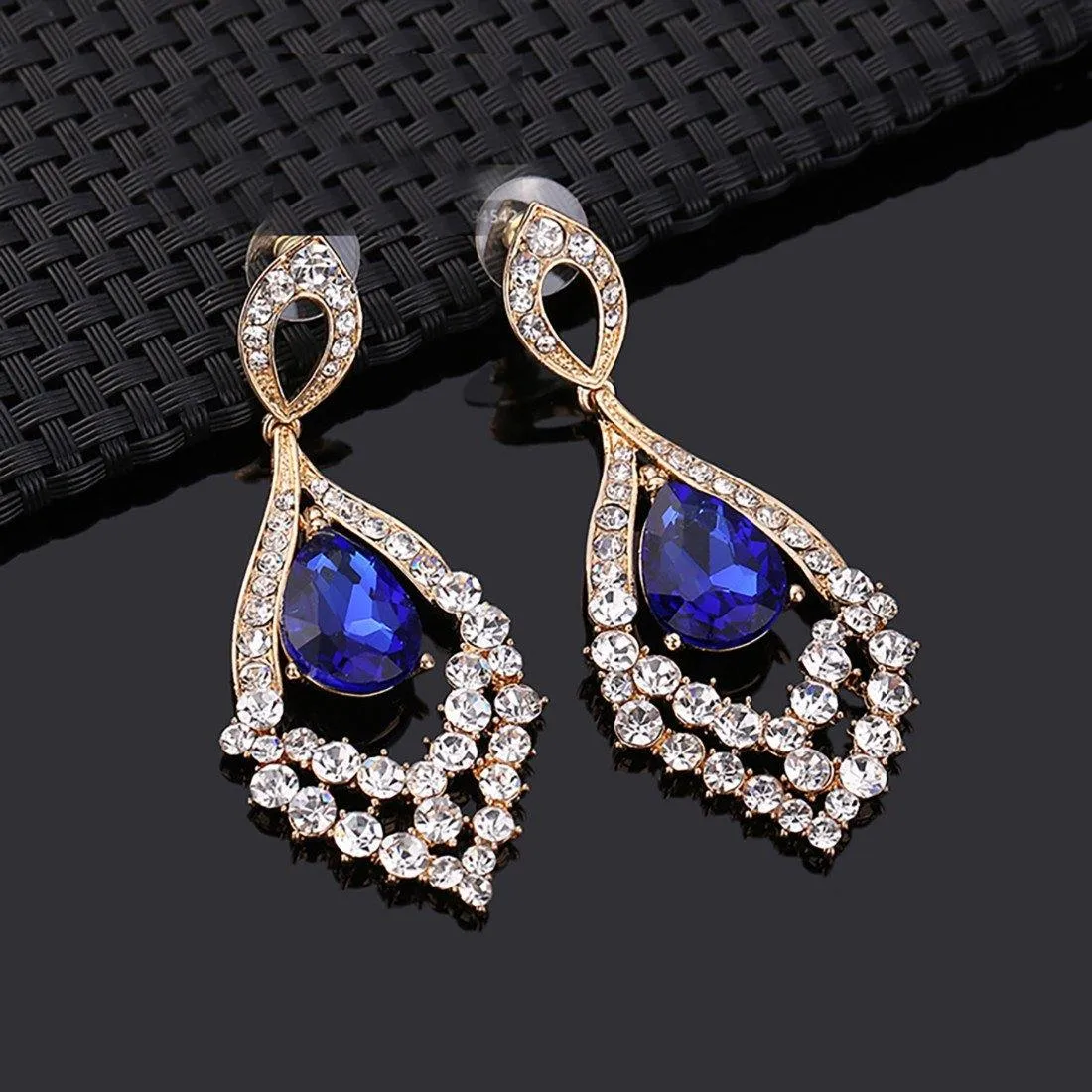 Blue Zircon Trendy Tear drop Crystal 18k Gold plate Cocktail Wedding Party Earring