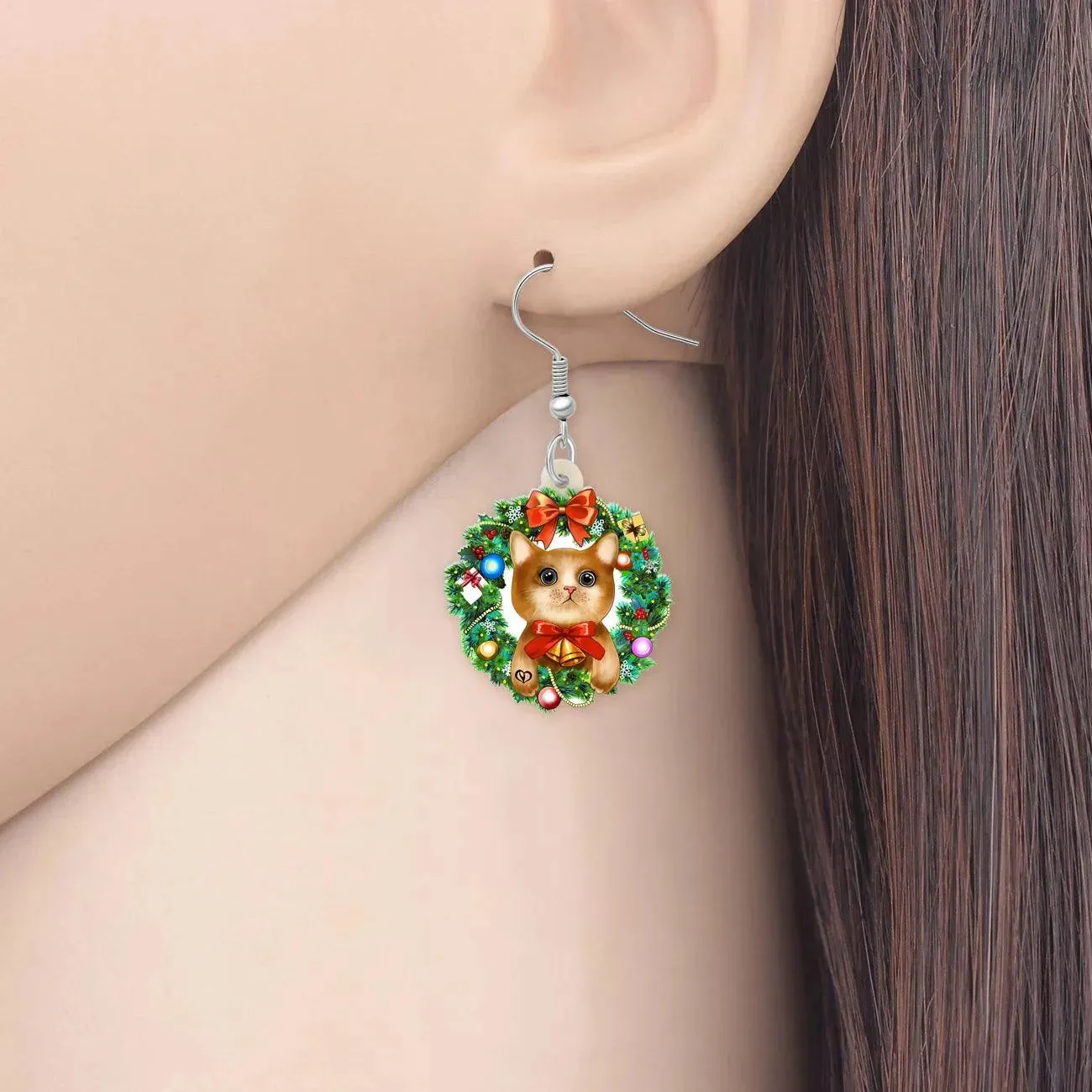 Bonsny Christmas Cat Earrings Acrylic Cartoon