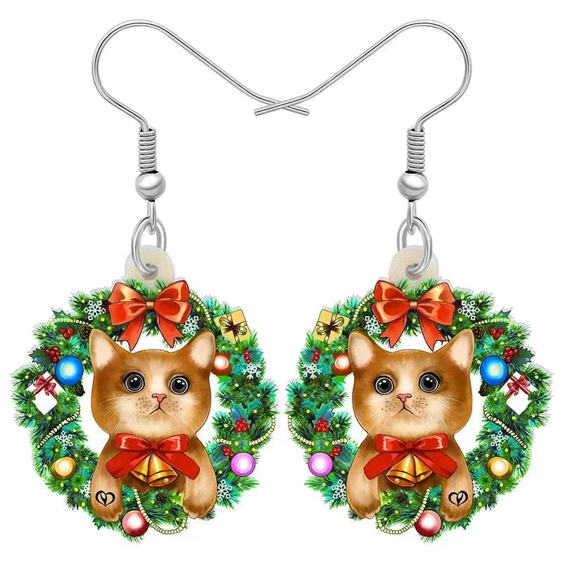 Bonsny Christmas Cat Earrings Acrylic Cartoon