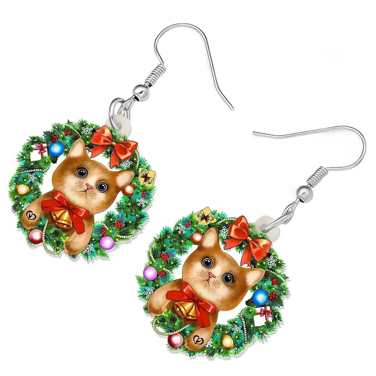 Bonsny Christmas Cat Earrings Acrylic Cartoon