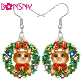 Bonsny Christmas Cat Earrings Acrylic Cartoon