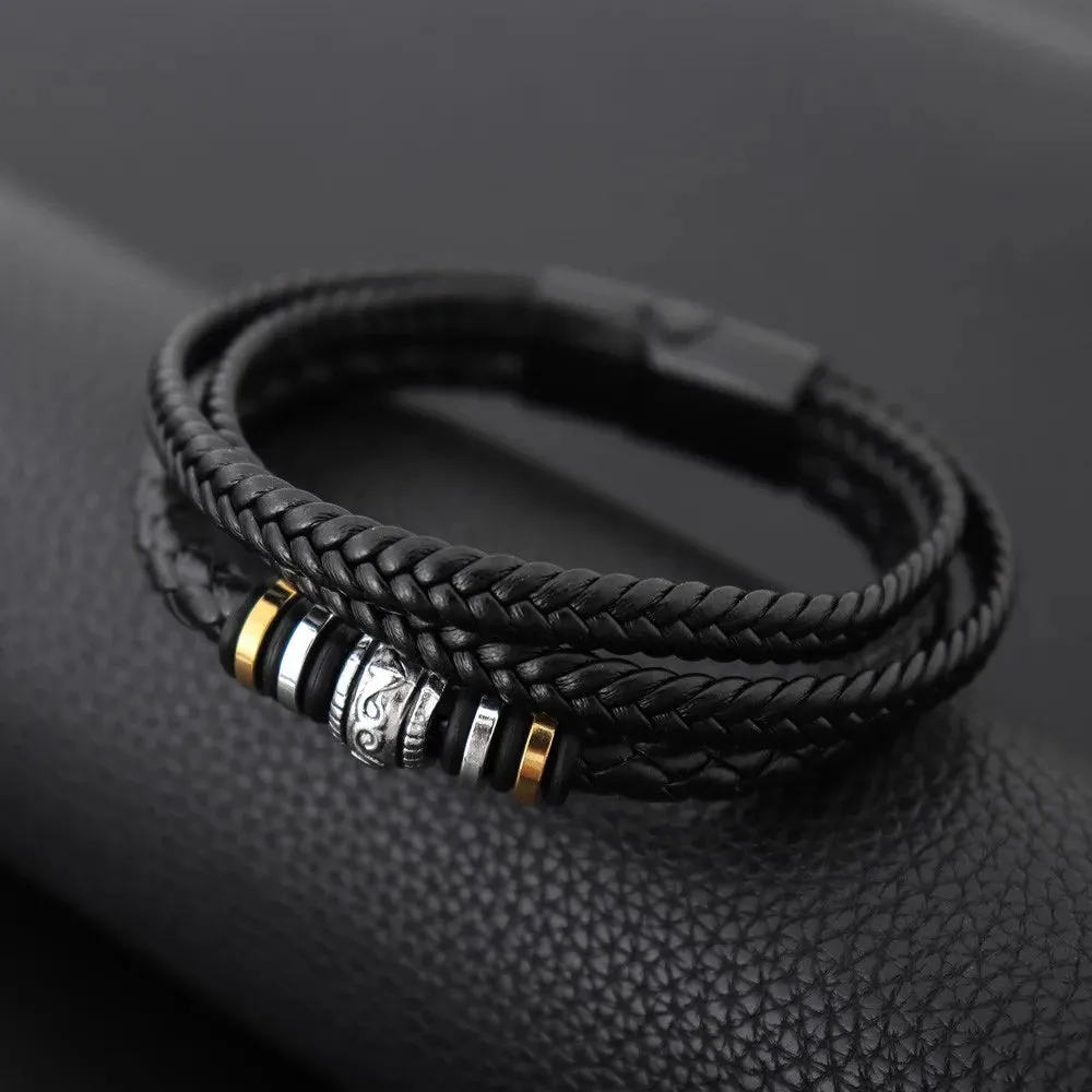 Bracelet pour Homme 3 rangées en simili cuir tressé Noir et Métal Or & Argent très stylé ! (Livraison OFFERTE)