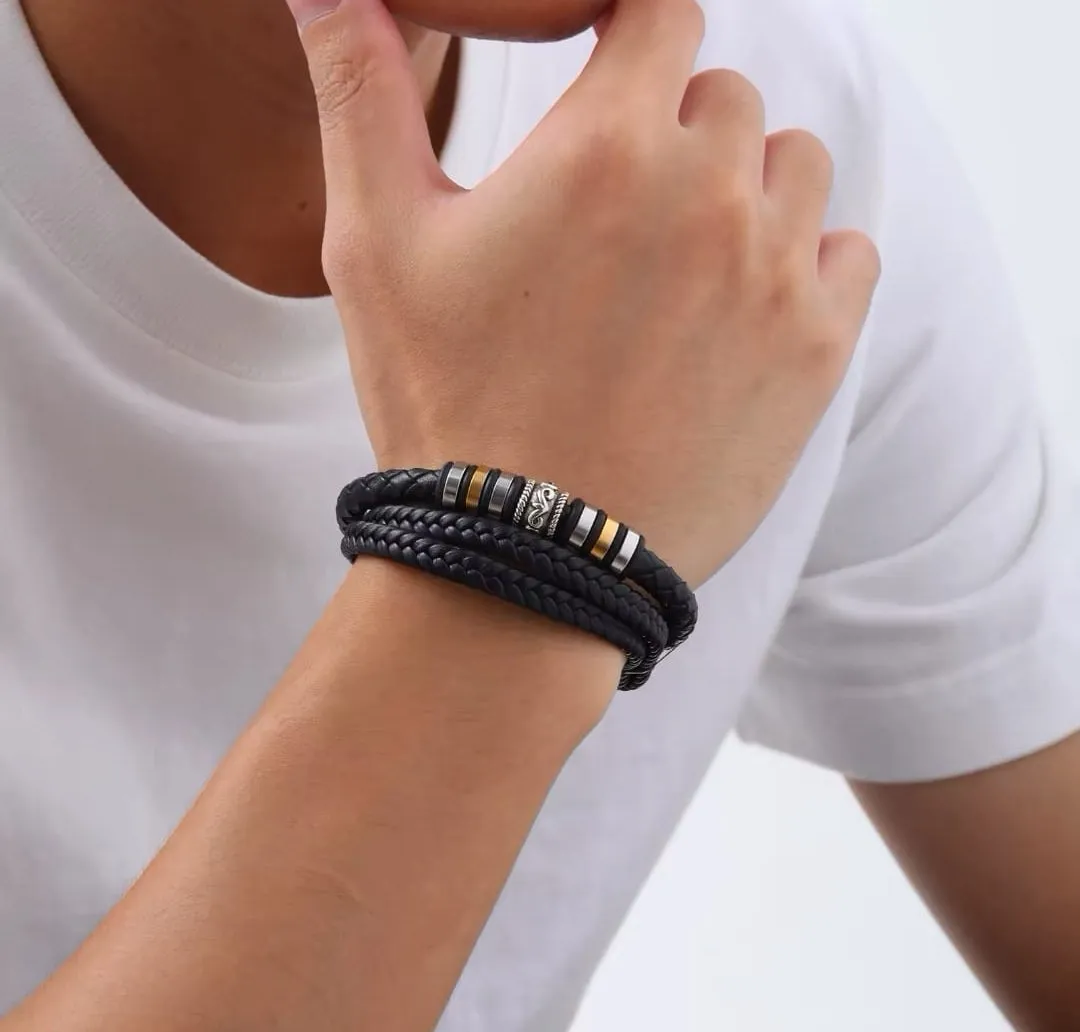 Bracelet pour Homme 3 rangées en simili cuir tressé Noir et Métal Or & Argent très stylé ! (Livraison OFFERTE)