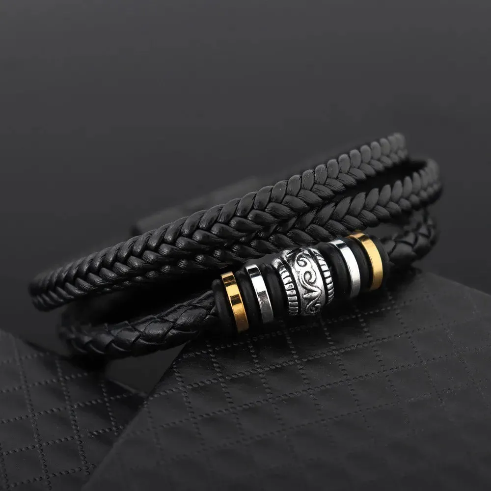 Bracelet pour Homme 3 rangées en simili cuir tressé Noir et Métal Or & Argent très stylé ! (Livraison OFFERTE)