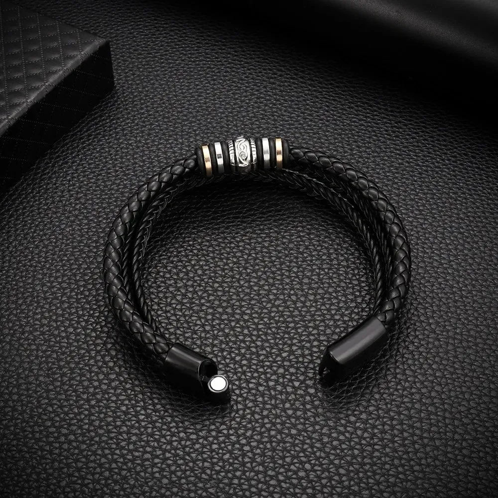 Bracelet pour Homme 3 rangées en simili cuir tressé Noir et Métal Or & Argent très stylé ! (Livraison OFFERTE)