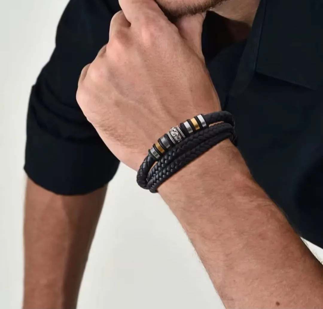 Bracelet pour Homme 3 rangées en simili cuir tressé Noir et Métal Or & Argent très stylé ! (Livraison OFFERTE)