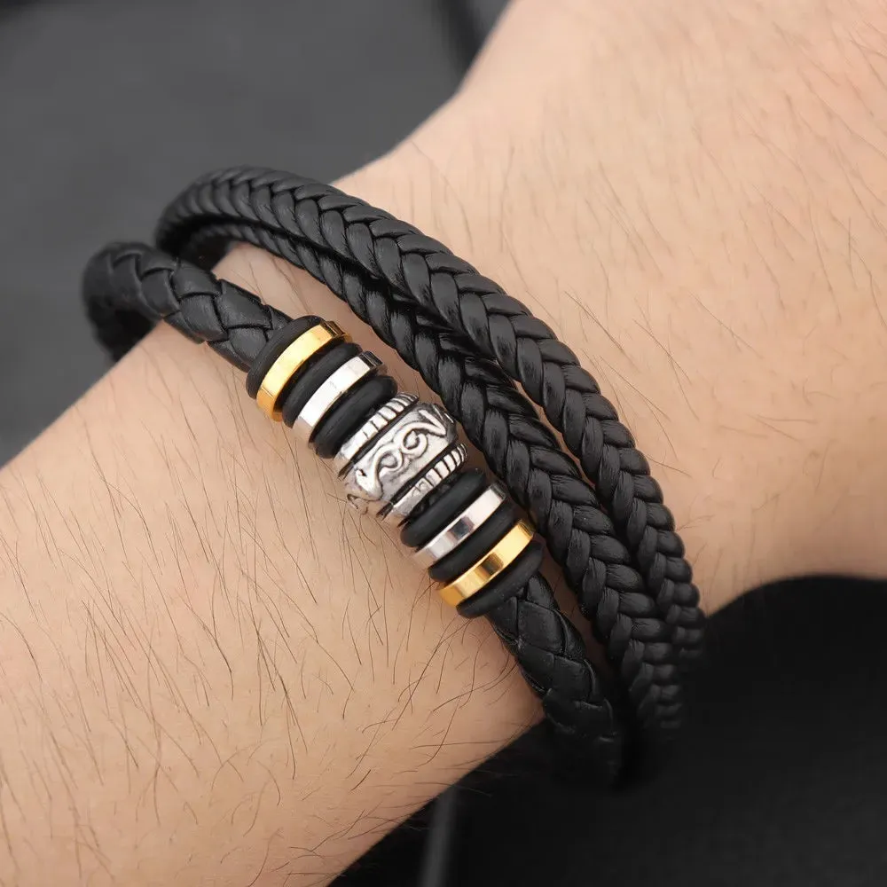 Bracelet pour Homme 3 rangées en simili cuir tressé Noir et Métal Or & Argent très stylé ! (Livraison OFFERTE)