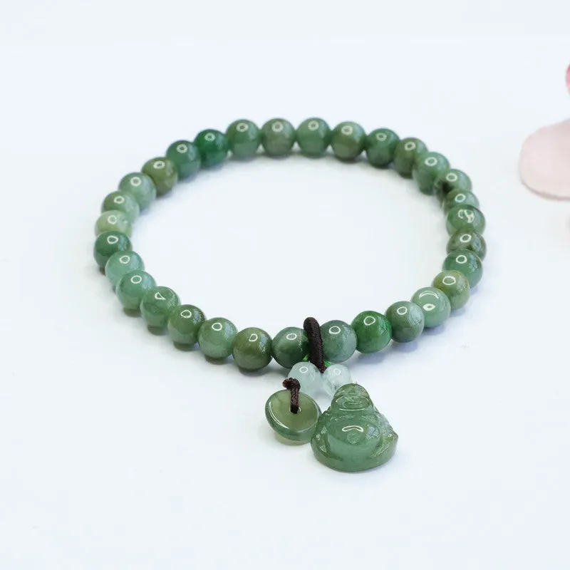 Buddha Fringed Green Emerald Bracelet with Sterling Silver Beads