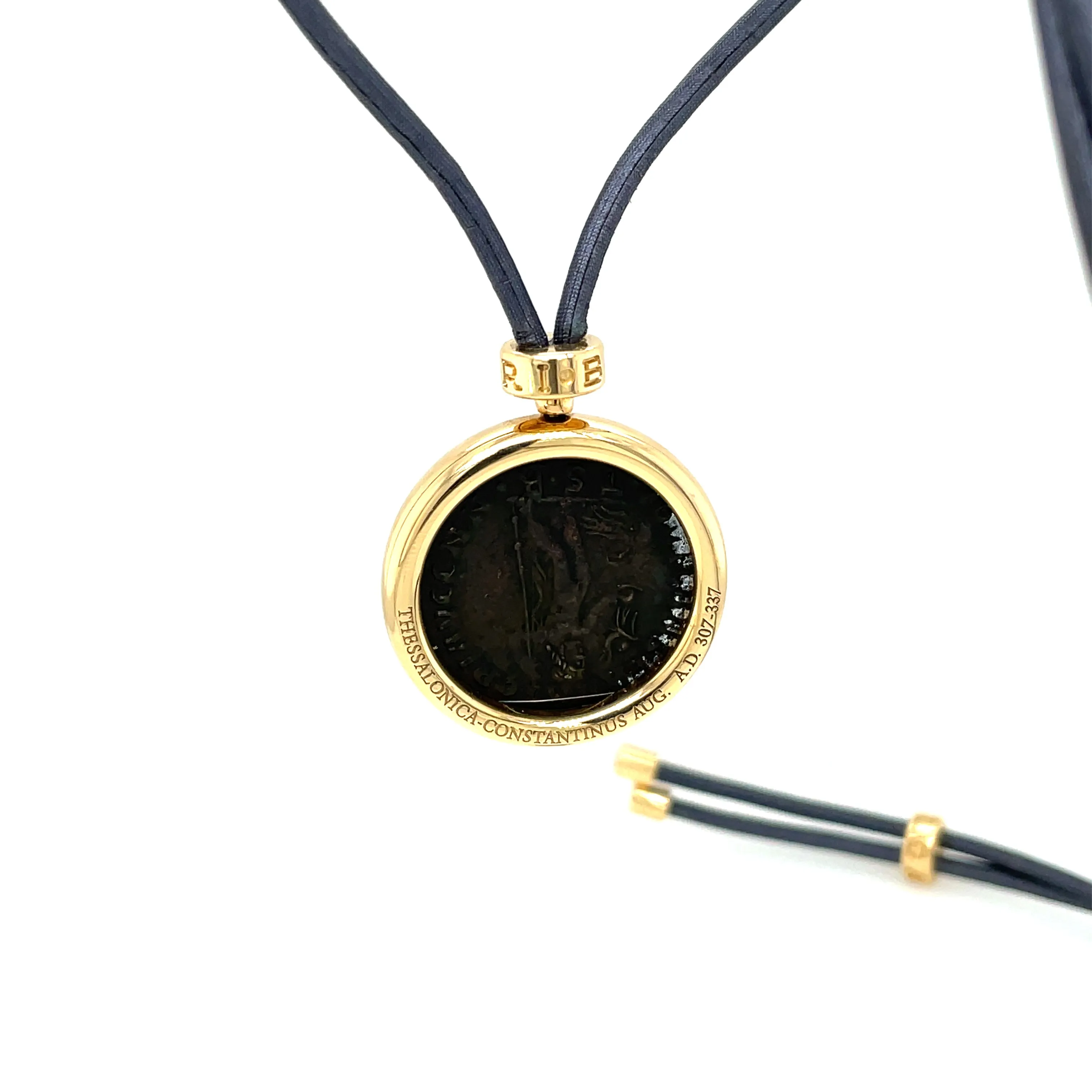 Bulgari Monete Constantinus Coin Black Lace Yellow Gold Pendant Necklace