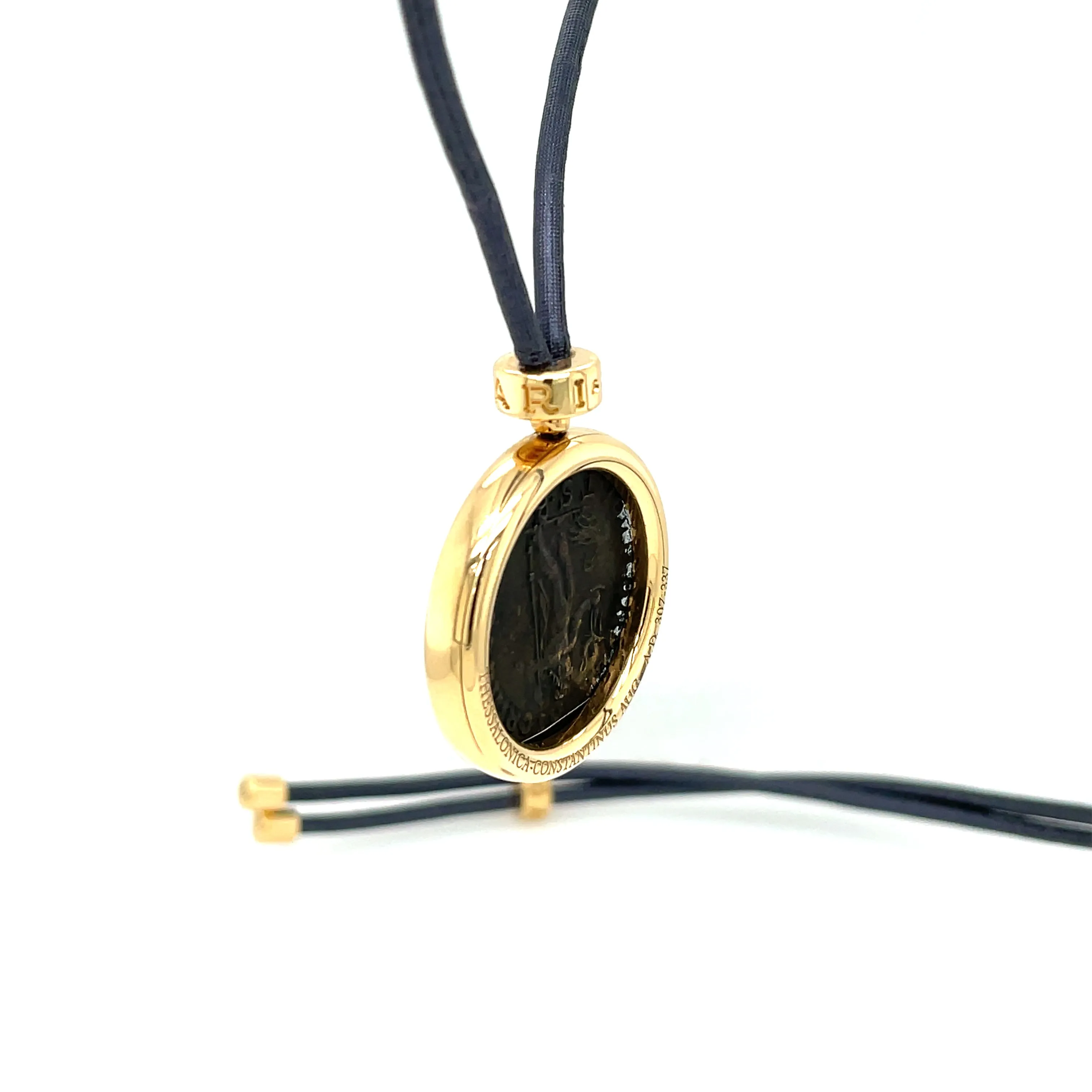 Bulgari Monete Constantinus Coin Black Lace Yellow Gold Pendant Necklace