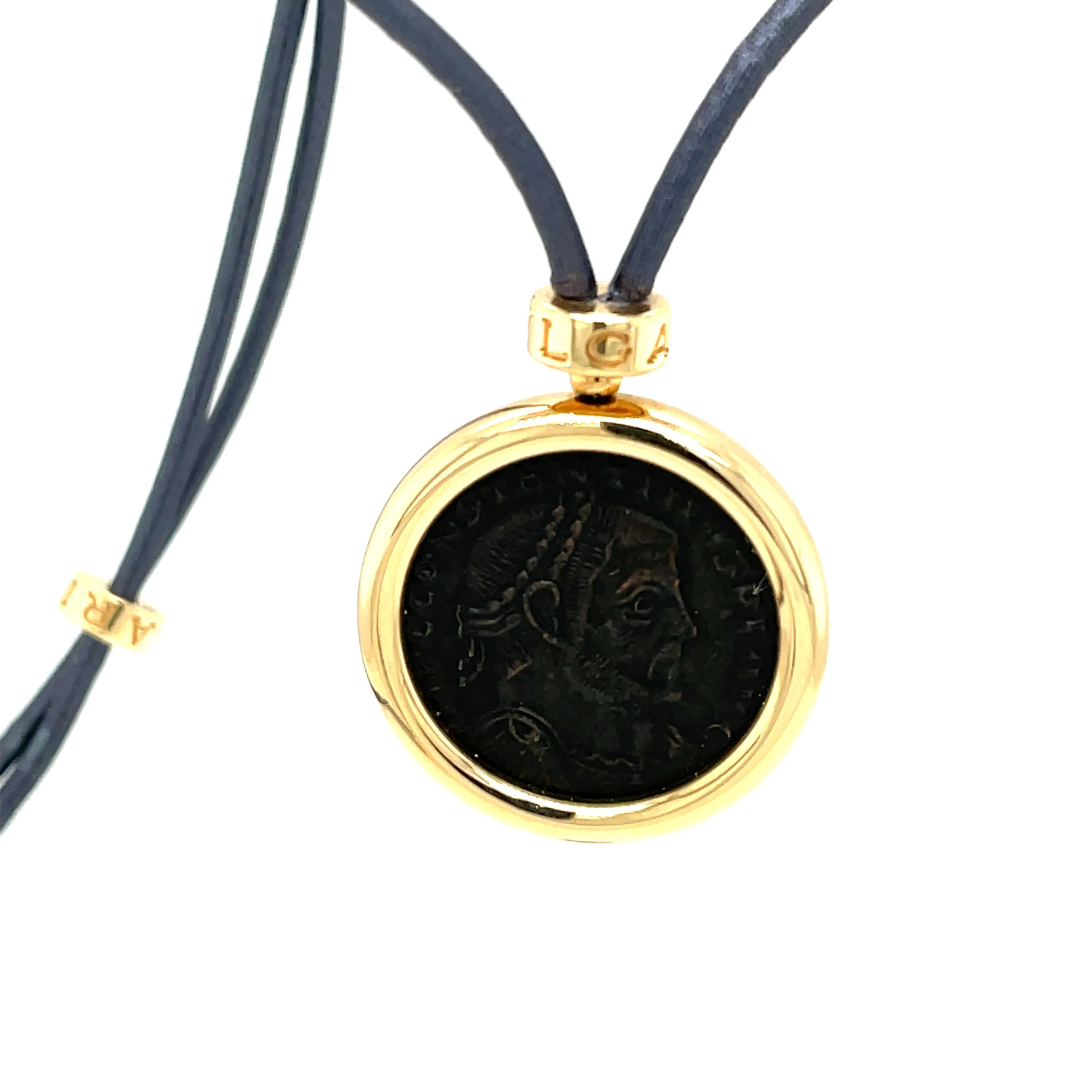 Bulgari Monete Constantinus Coin Black Lace Yellow Gold Pendant Necklace