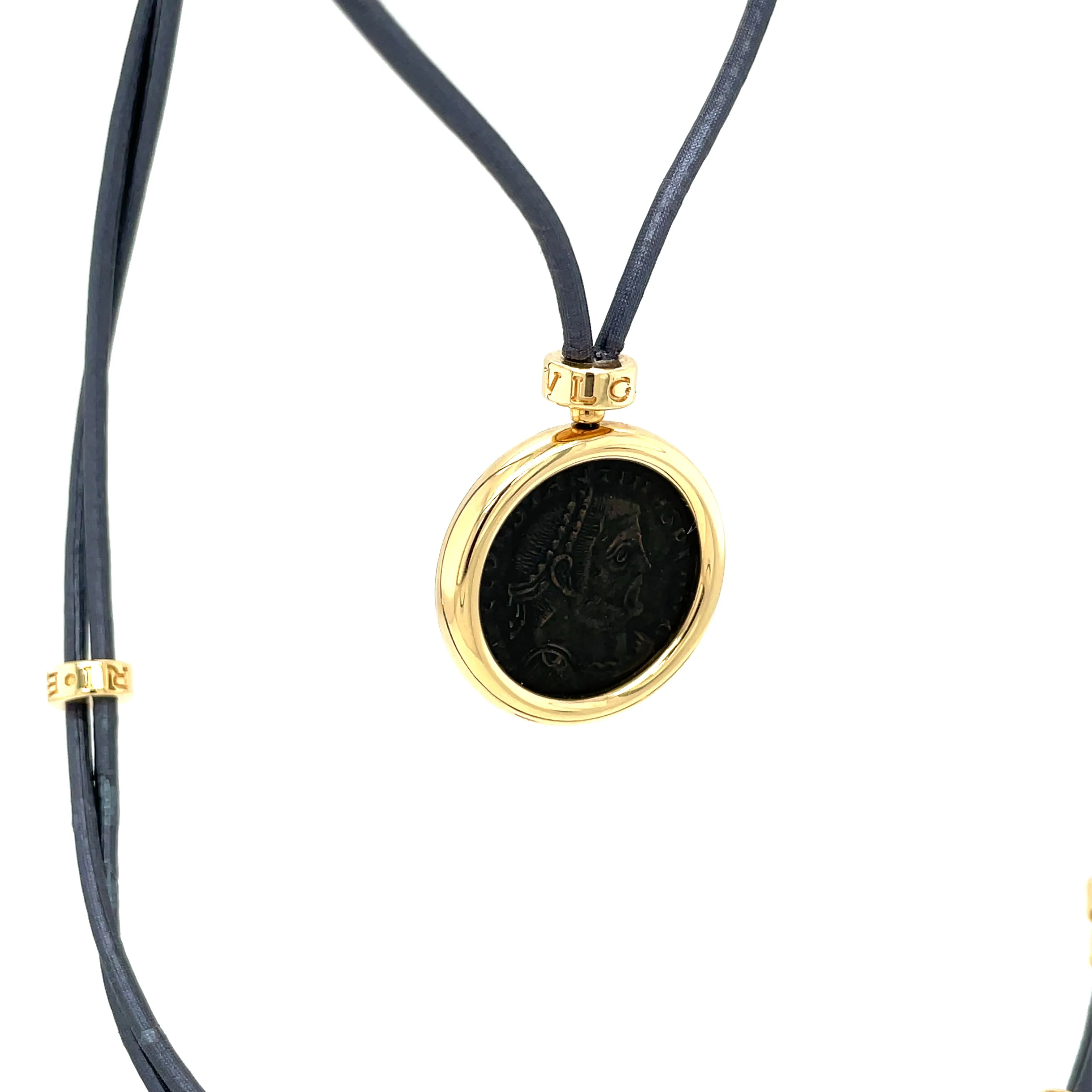 Bulgari Monete Constantinus Coin Black Lace Yellow Gold Pendant Necklace