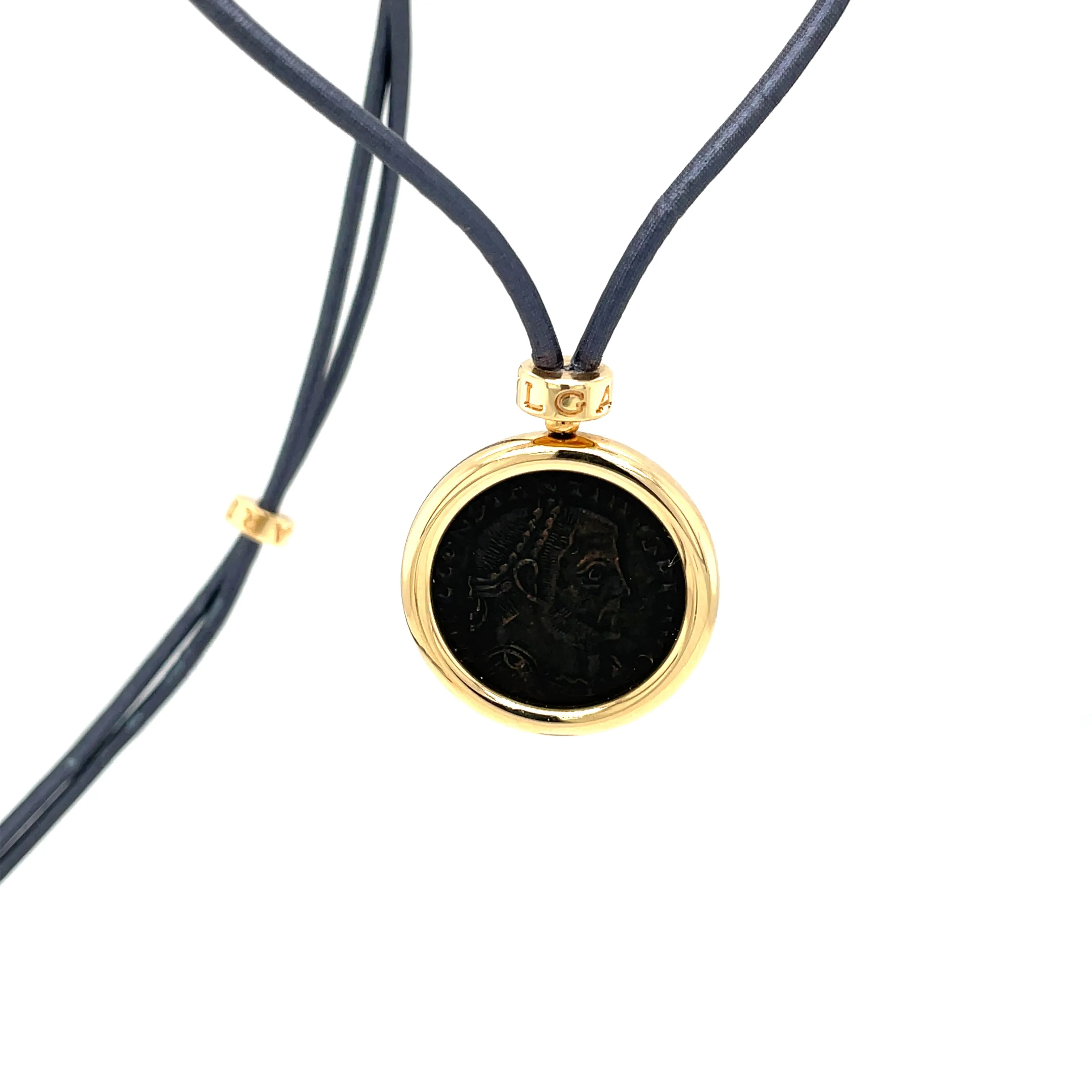 Bulgari Monete Constantinus Coin Black Lace Yellow Gold Pendant Necklace