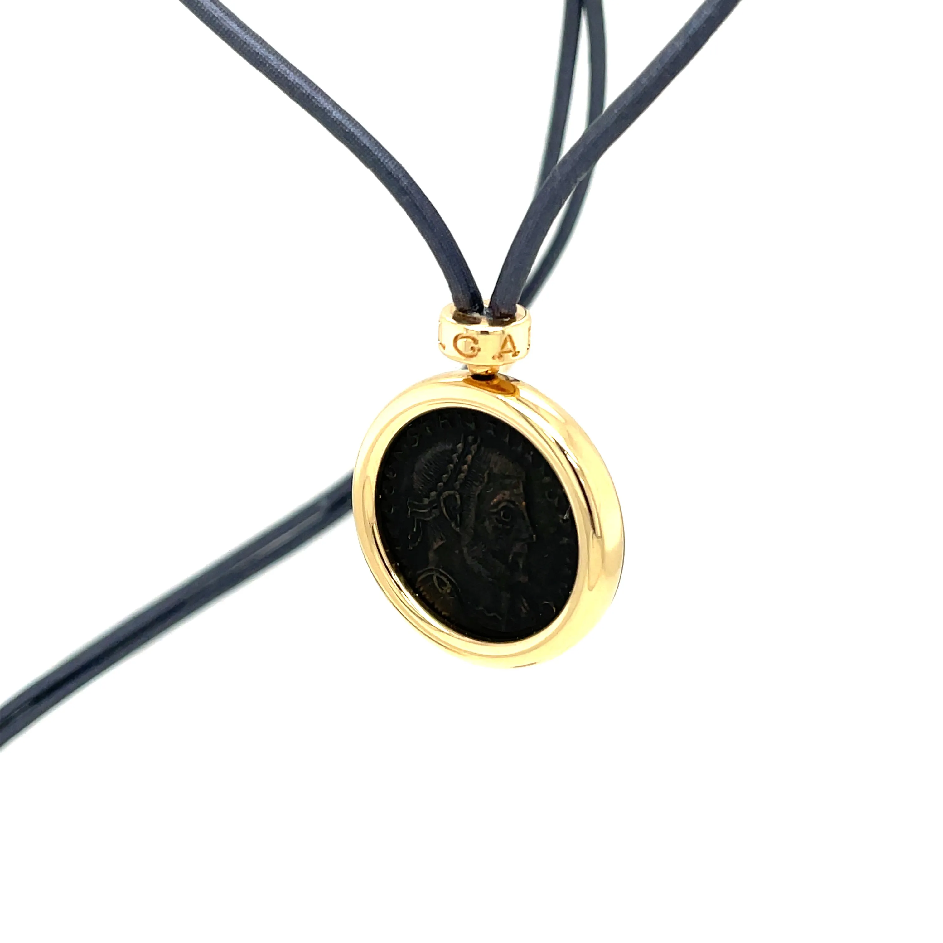 Bulgari Monete Constantinus Coin Black Lace Yellow Gold Pendant Necklace