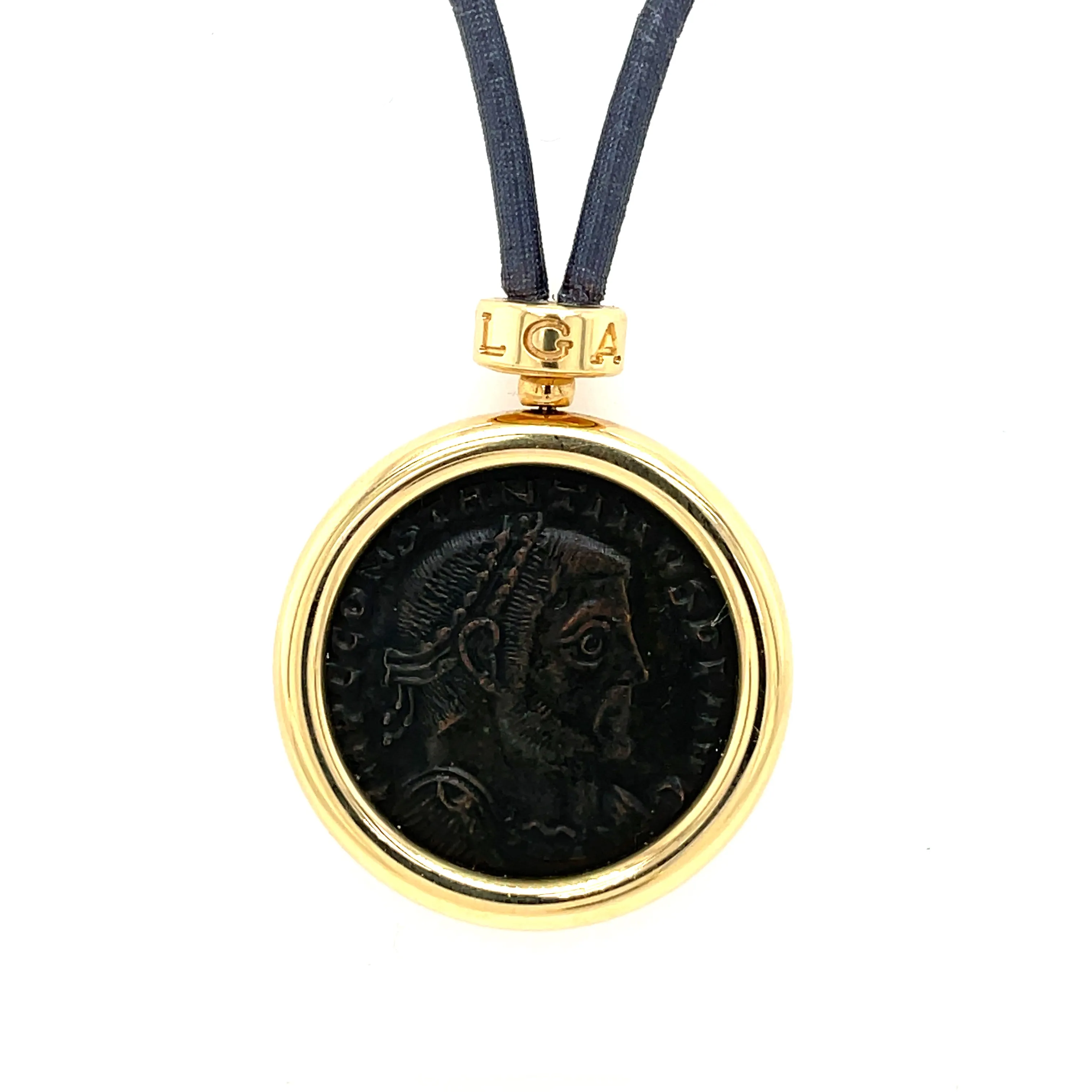 Bulgari Monete Constantinus Coin Black Lace Yellow Gold Pendant Necklace