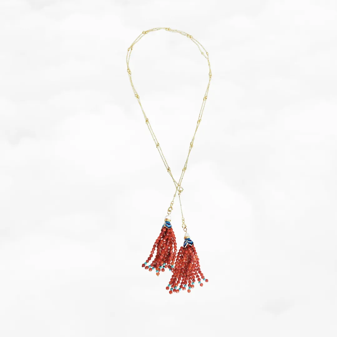 Carnelian Lotus Tassels Lariat Necklace and Earrings Set