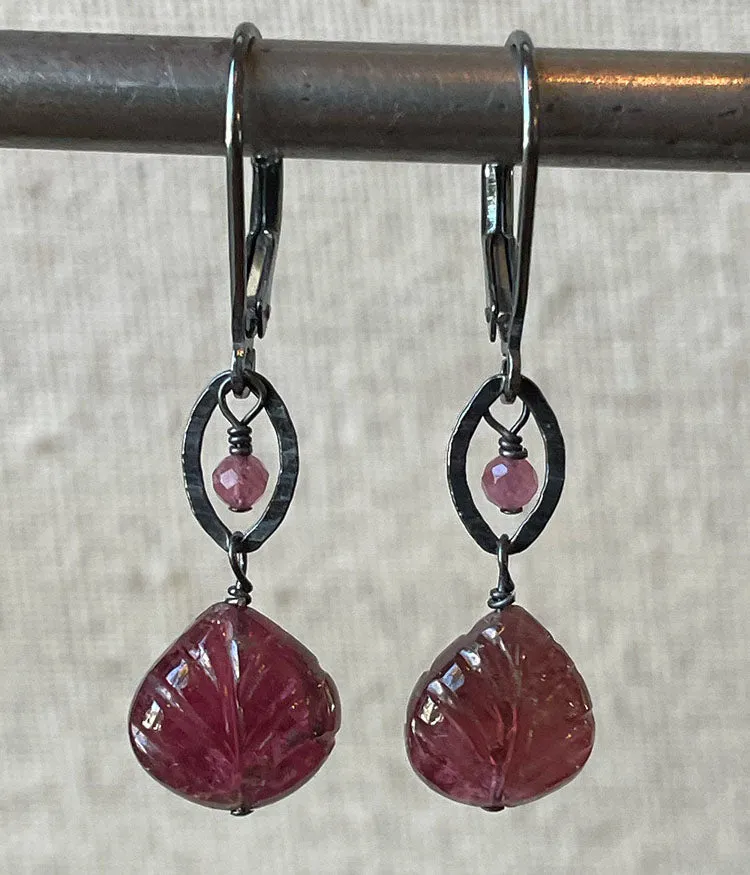 Carved Pink Tourmaline Earrings