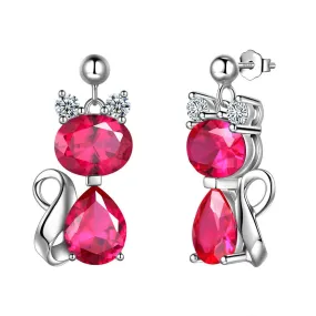 Cat Birthstone July Ruby Earrings Women Girls Jewelry Birthday Gift Sterling Silver