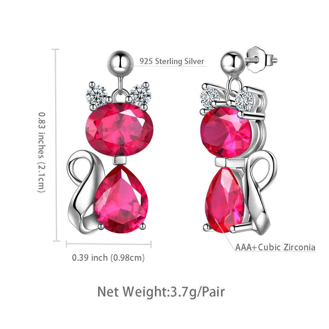 Cat Birthstone July Ruby Earrings Women Girls Jewelry Birthday Gift Sterling Silver