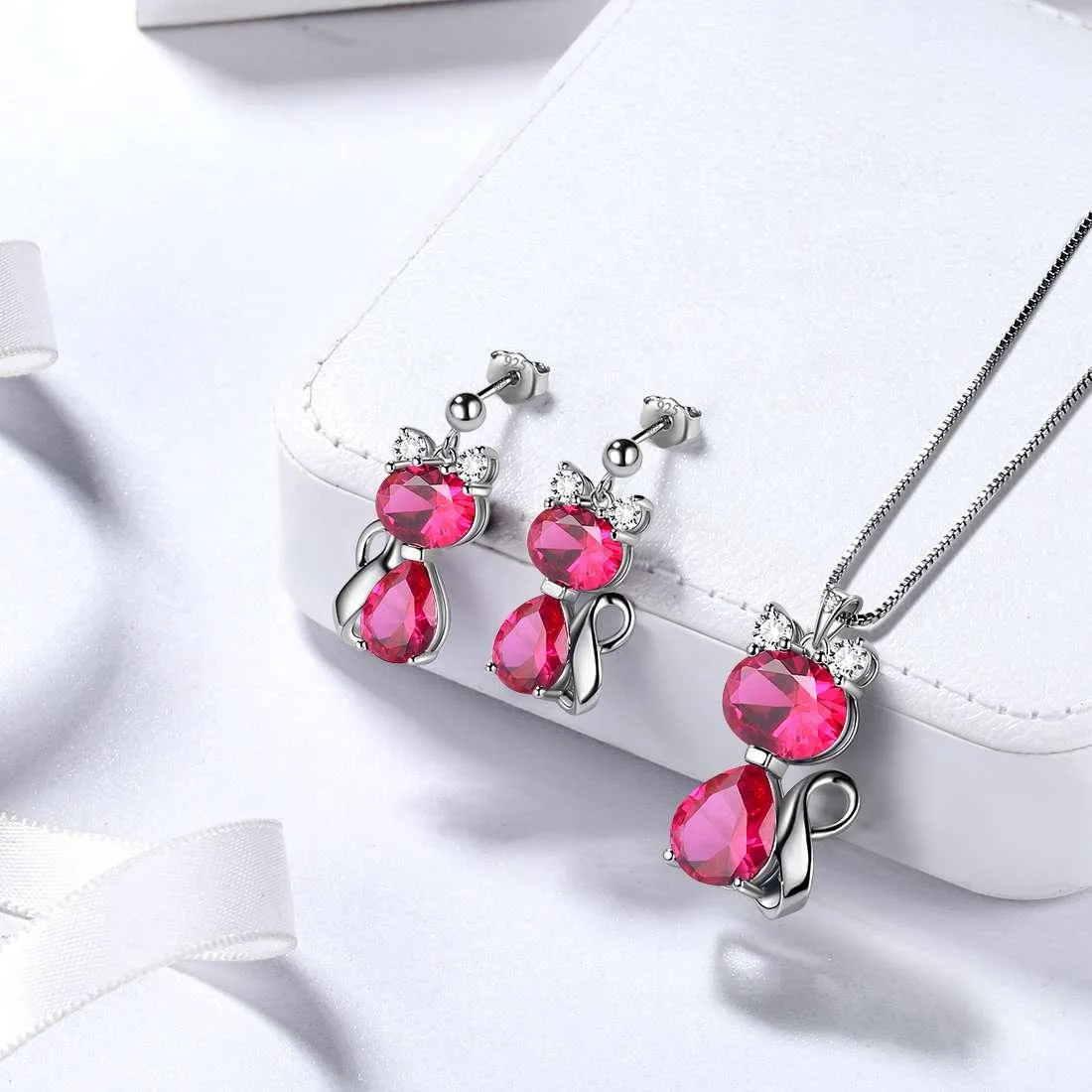 Cat Birthstone July Ruby Earrings Women Girls Jewelry Birthday Gift Sterling Silver