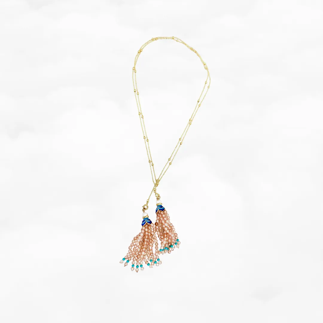 Champagne Zircon Enamel Lotus Tassels Necklace and Earring Set