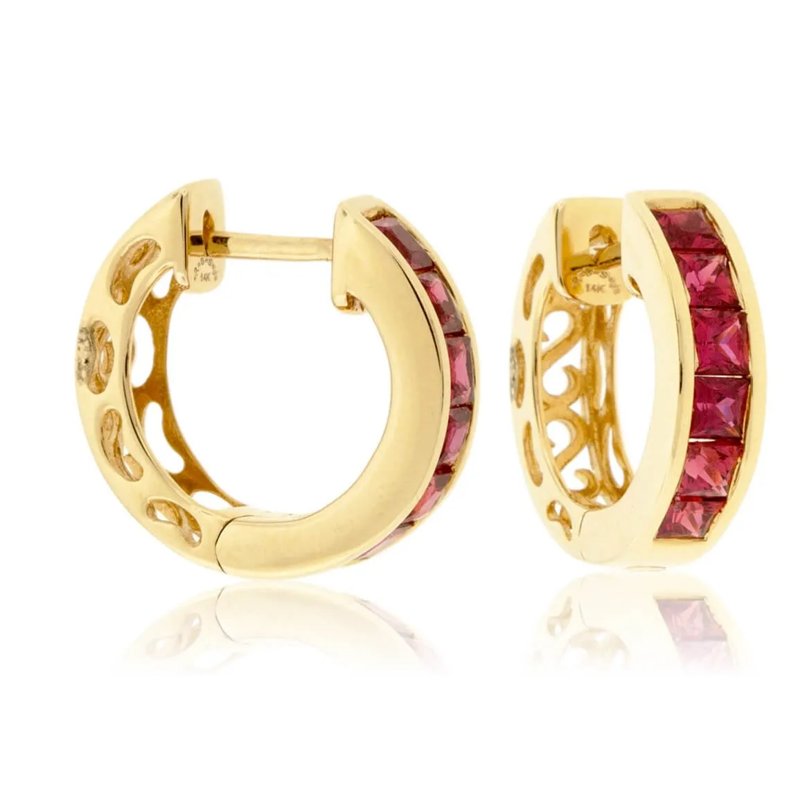 Channel Set Princess Cut Ruby Hoop Earrings