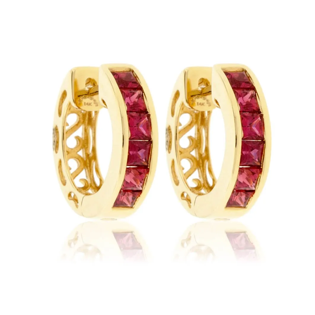 Channel Set Princess Cut Ruby Hoop Earrings