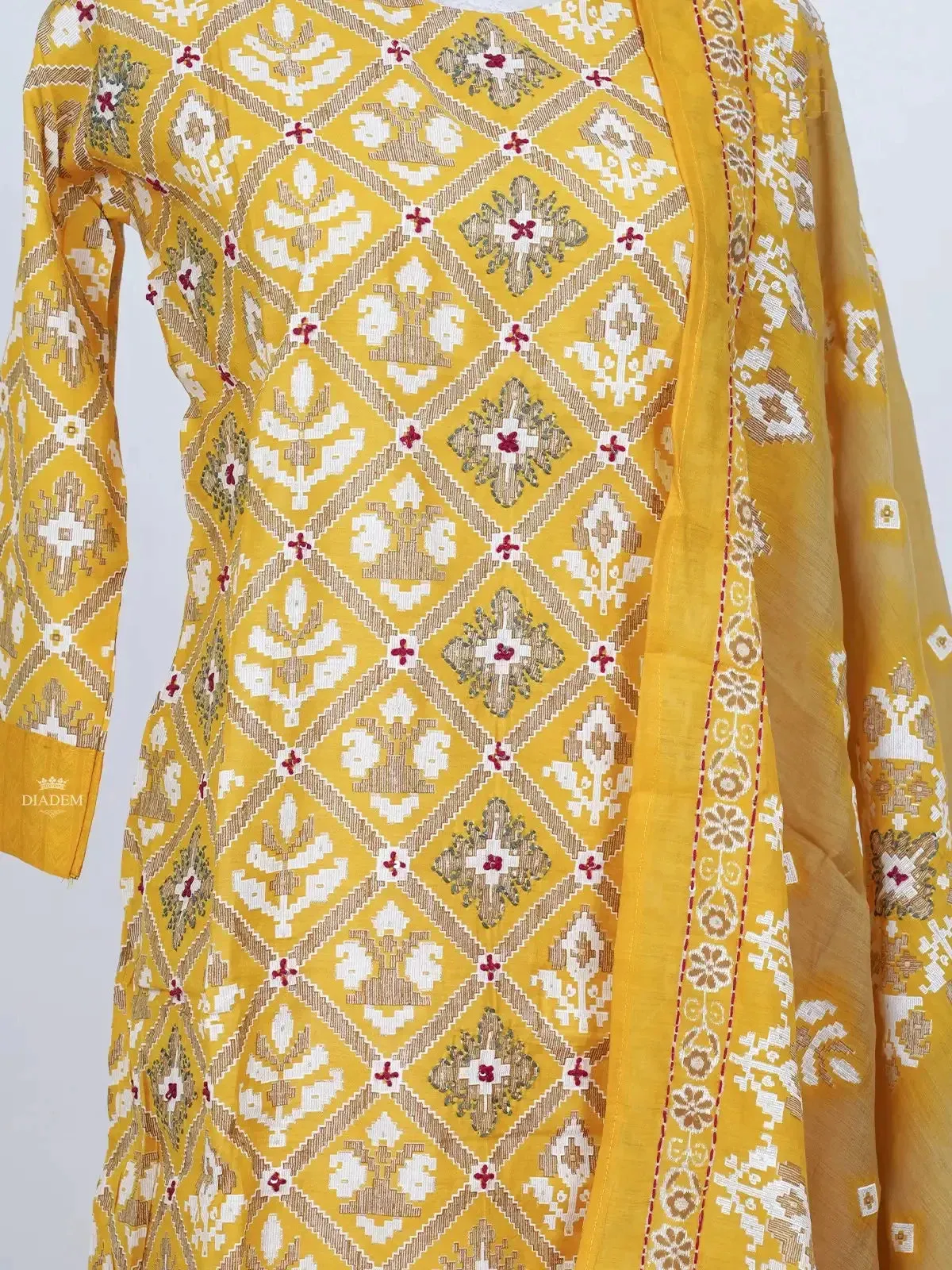 Chrome Yellow Ikkat Printed Cotton Palazzo Suit with Dupatta