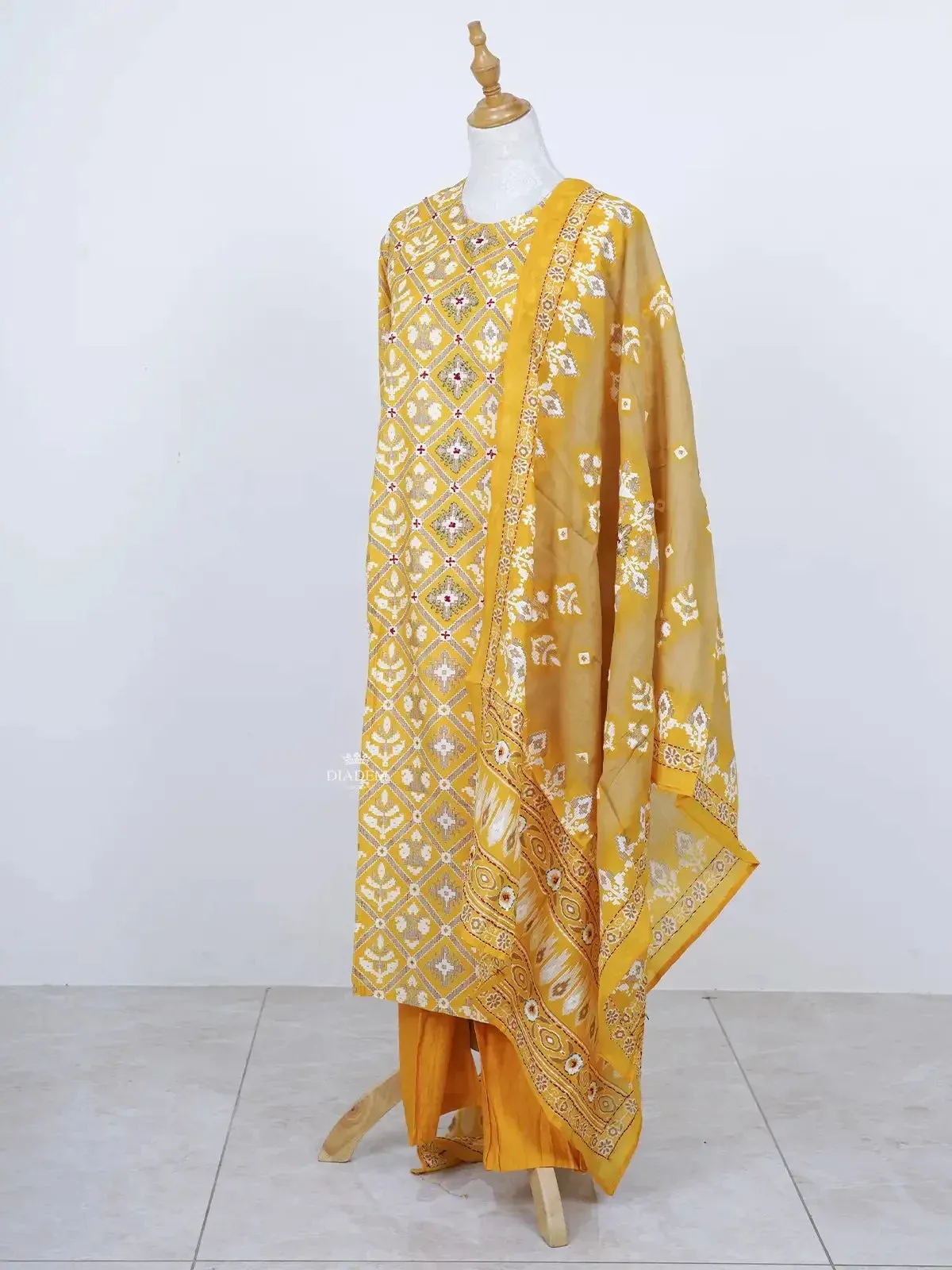 Chrome Yellow Ikkat Printed Cotton Palazzo Suit with Dupatta