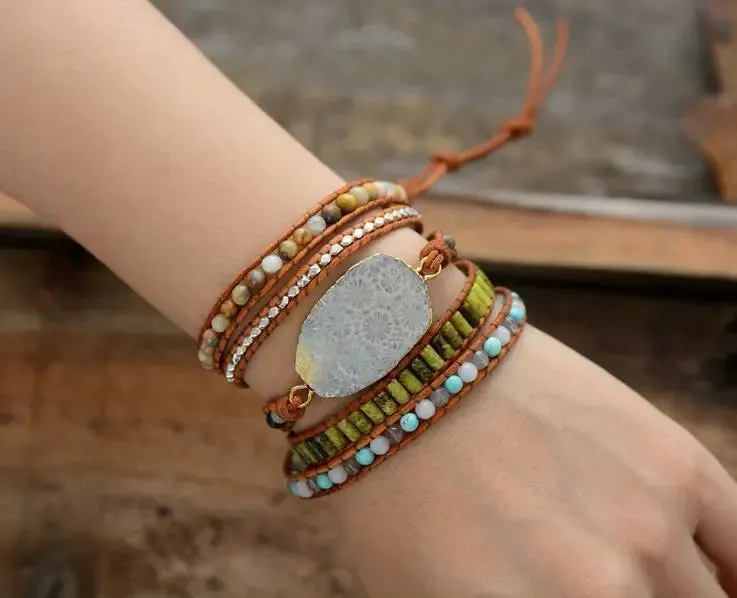 Chrysanthemum Fossil Coral Stone Multi Wrap Bracelet