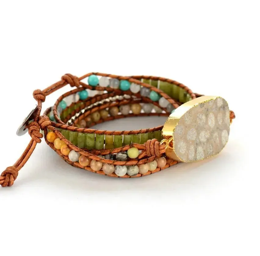 Chrysanthemum Fossil Coral Stone Multi Wrap Bracelet