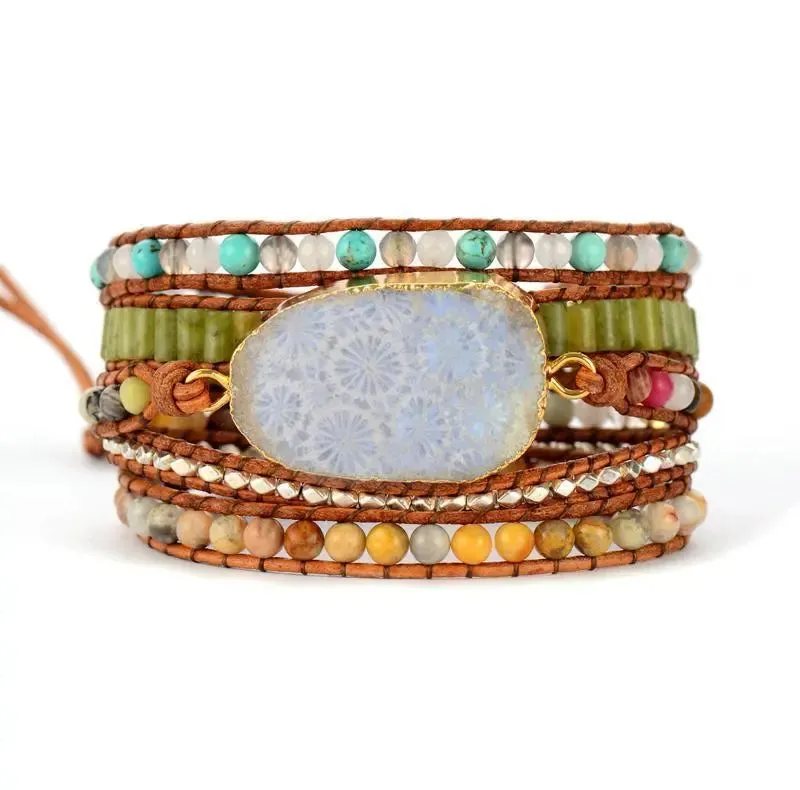 Chrysanthemum Fossil Coral Stone Multi Wrap Bracelet