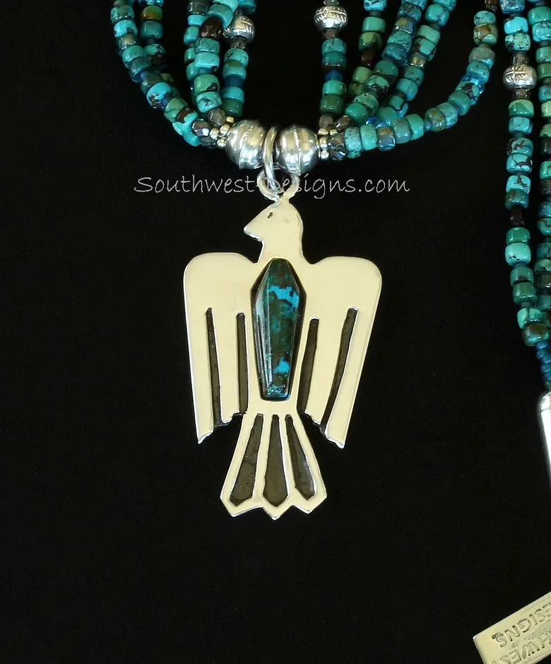 Chrysocolla-Malachite and Sterling Silver Thunderbird Pendant with 5 Strands of Turquoise Rondelles, Czech Nailheads, Fire Polished Glass, Sterling Silver Rondelles, and Sterling Cones & Toggle Clasp