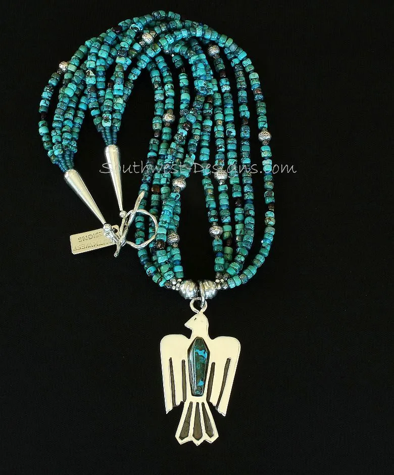 Chrysocolla-Malachite and Sterling Silver Thunderbird Pendant with 5 Strands of Turquoise Rondelles, Czech Nailheads, Fire Polished Glass, Sterling Silver Rondelles, and Sterling Cones & Toggle Clasp