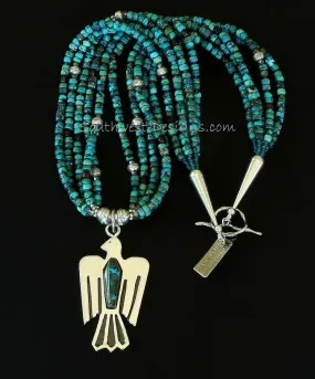 Chrysocolla-Malachite and Sterling Silver Thunderbird Pendant with 5 Strands of Turquoise Rondelles, Czech Nailheads, Fire Polished Glass, Sterling Silver Rondelles, and Sterling Cones & Toggle Clasp