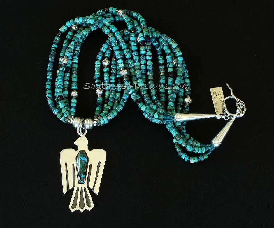 Chrysocolla-Malachite and Sterling Silver Thunderbird Pendant with 5 Strands of Turquoise Rondelles, Czech Nailheads, Fire Polished Glass, Sterling Silver Rondelles, and Sterling Cones & Toggle Clasp