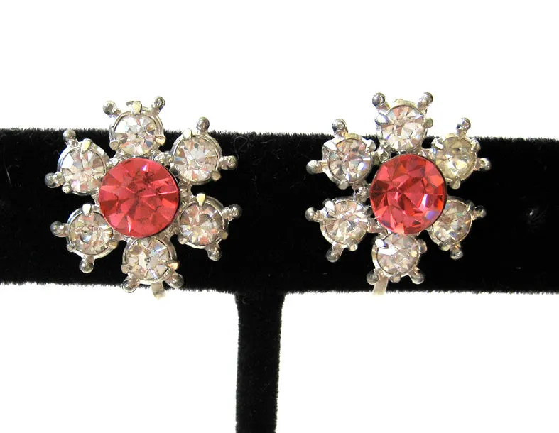 Circa 1930s Little Nemo Pink and Clear Floral Rhinestone Earrings