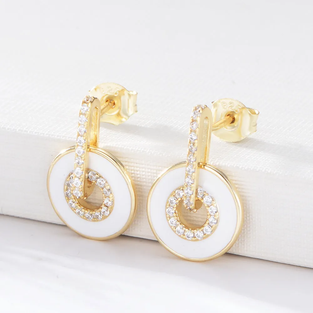 Circle with Zircon Enamel Sterling Silver Drop Earrings