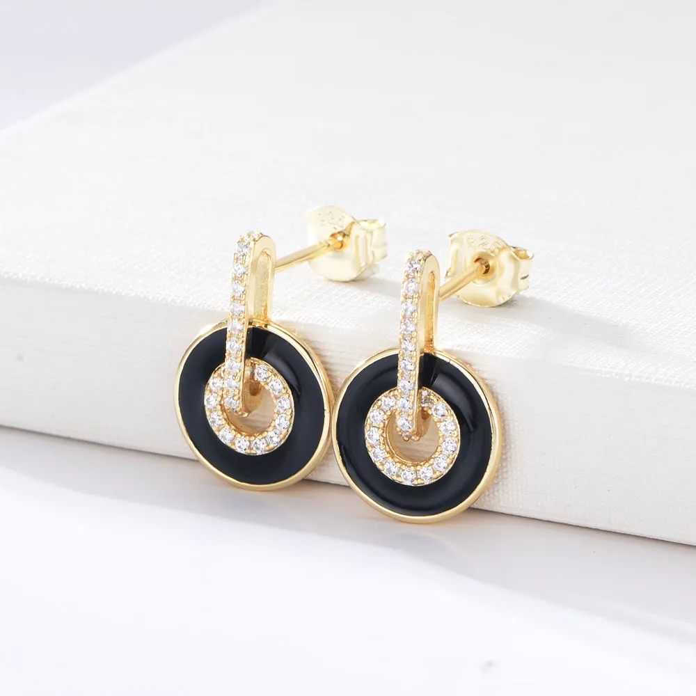 Circle with Zircon Enamel Sterling Silver Drop Earrings