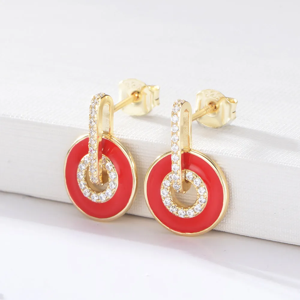 Circle with Zircon Enamel Sterling Silver Drop Earrings