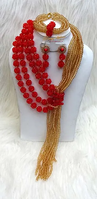 Clearance Sales Red Balls & Gold Crystal Elongated Bridal Party  Jewellery Set