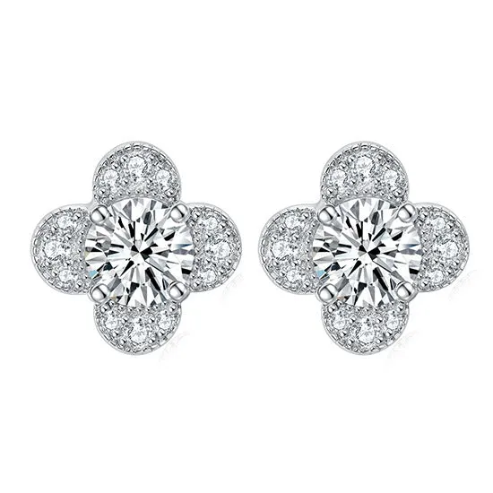 Colourful Round Zircon Clover Silver Studs Earrings for Women